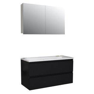 Badkamermeubel BWS Pepper Wastafel Acryl Incl Spiegelkast 2 Deurs Met 2 Krgtn 100x55x46 cm Mat Zwart
