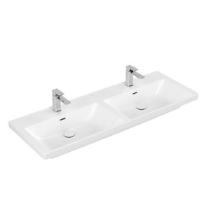 Wastafel Villeroy & Boch Subway 3.0 Dubbele Wasbak Met CeramicPlus 2 Kraangaten Met Overloop 130x47x16.5 cm Wit Alpin