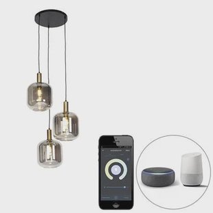 QAZQA Smart hanglamp zwart met smoke glas 3-lichts incl. Wifi A60 -