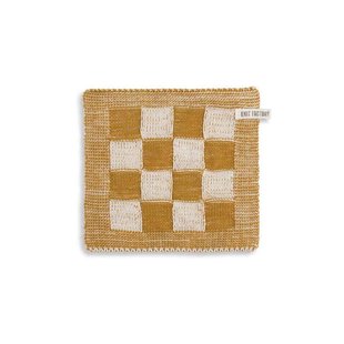 Knit Factory - gebreide pannenlap geruit - oker/ecru