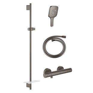 GROHE Grohtherm 1000 Smartactive Glijstangset - 90cm - met zeepschaal - thermostatische douchekraan - vierkante handdouche - gladde slang - 125cm - geborsteld hard graphite sw98744/sw98821/sw472254/sw472324/