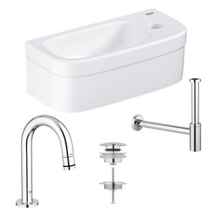 GROHE Euro fonteinset 37x18cm 1 kraangat zonder overloop gebogen chromen kraan sifon afvoerplug fontein Rechthoek wit 0437366/0434215/ga31755/sw197129/