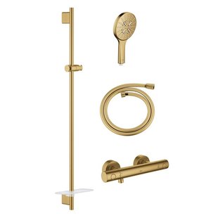 GROHE Grohtherm 1000 Smartactive Glijstangset - 90cm - met zeepschaal - thermostatische douchekraan - ronde handdouche - gladde slang - 125cm - geborsteld cool sunrise sw98748/SW862663/sw472279/sw472417/