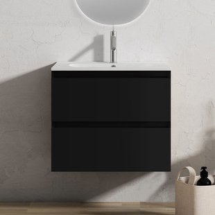 Adema Chaci Badkamermeubelset - 60x46x57cm - 1 ovale keramische wasbak wit - 1 kraangat - 2 lades - mat zwart SW1212760/SW718716