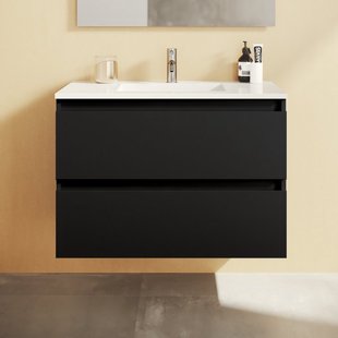 Adema Chaci Badkamermeubelset - 80x46x57cm - 1 ovale keramische wasbak wit - 1 kraangat - 2 lades - mat zwart SW1212768/SW718717