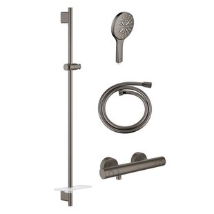 GROHE Grohtherm 1000 Glijstangset - 90cm - thermostatische douchekraan - met zeepschaal - ronde handdouche - galdde slang - 175cm - geborsteld hard graphite sw98744/SW98828/sw472324/sw472379/