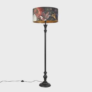 QAZQA Vloerlamp zwart met velours kap bloemen goud 50 cm - Classico QAZQA Vloerlamp zwart met velours kap bloemen goud 50 cm - Classico