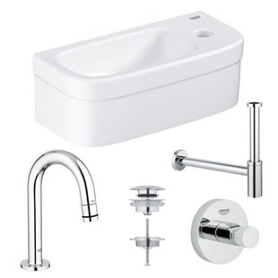 GROHE Euro fonteinset 37x18cm 1 kraangat zonder overloop gebogen chromen kraan sifon afvoerplug handdoekhaak fontein Rechthoek wit 0437366/0434215/ga31755/0438129/sw197129/
