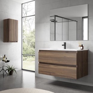 Saniclass Chaci Badkamermeubelset - 100x46x55cm - keramische wastafel wit - 1 ovale wasbak - 1 kraangat - 2 lades - rechthoekige spiegel - noten (hout) SW1212772/SW718718/SW724612