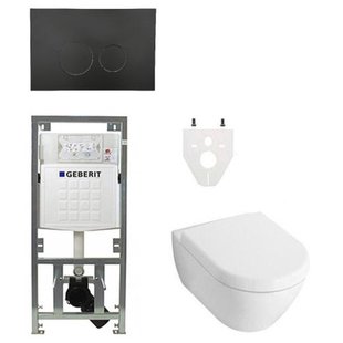 Villeroy Boch Subway 2.0 DirectFlush Toiletset - geberit reservoir - bedieningsplaat ronde knoppen - softclose - mat zwart 0701131/SW706188/0124060/GA26028