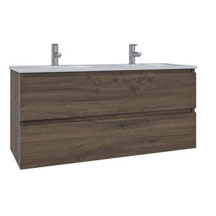 Adema Chaci Badkamermeubelset - 120x46x57cm - 2 ovale keramische wasbakken wit - 2 kraangaten - 2 lades - noten (hout) SW1212779/SW718719