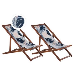 Beliani-ANZIO -Strandstoel set van 2-Donkerhout|Palm|Blauw-Polyester