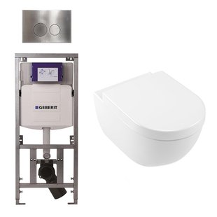 Villeroy Boch Subway 2.0 DirectFlush Toiletset - softclose - geberit reservoir - qeramiq bedieningsplaat ronde knoppen - RVS look wit 0701131/ga26028/SW729014/SW1182666/SW706186