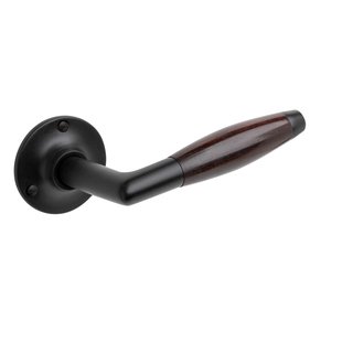 De Oude Deurklink Deurklinken Retro palissander geveerd in mat zwart met ronde rozetten