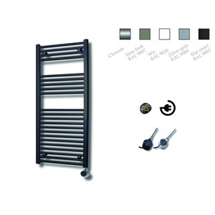 Elektrische Design Radiator Sanicare Plug & Play 111,8x45 cm Mat Zwart 596 Watt Met Chroom Thermostaat Links