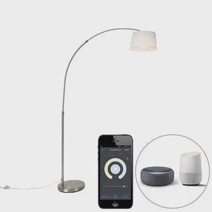 QAZQA Smart booglamp staal met witte stoffen kap incl. Wifi A60 - Arc
