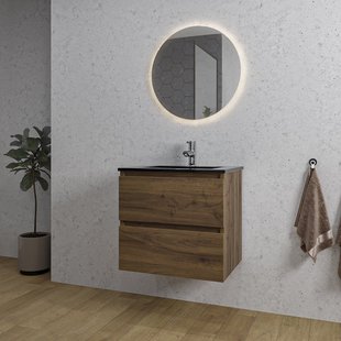 Adema Chaci Badkamermeubelset - 60x46x57cm - 1 keramische wasbak zwart - 1 kraangat - 2 lades - ronde spiegel met verlichting - noten (hout) SW1212758/SW761654/SW108325