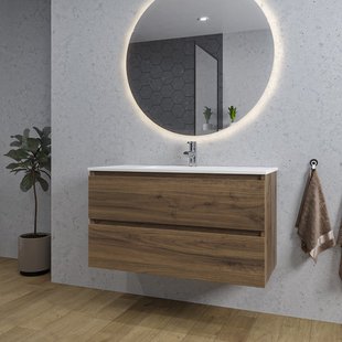 Adema Chaci Badkamermeubelset - 100x46x57cm - 1 keramische wasbak wit - 1 kraangat - 2 lades - ronde spiegel met verlichting - noten (hout) SW1212772/SW804532/SW161922