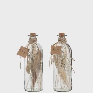 J-Line decoratie fles Gedroogde Bloemen - glas - naturel - large - 2 stuks