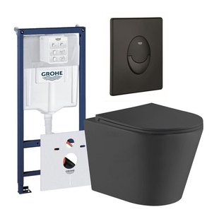 QeramiQ Dely Toiletset - Grohe inbouwreservoir - mat zwarte bedieningsplaat - ovaal toilet - zitting - mat zwart 0729205/SW1026253/SW656735/SW1000768