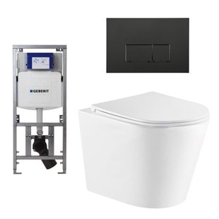 QeramiQ Dely Toiletset - 36.3x51.7cm - diepspoel - rimless - Geberit UP320 inbouwreservoir - met Burda frame - softclose toiletzitting - mat zwarte bedieningsplaat - rechtehoekige knoppen - wit mat SW1000766/0701131/SW706189/SW1026254