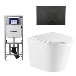 QeramiQ Dely Toiletset - 36.3x51.7cm - diepspoel - rimless - Geberit UP320 inbouwreservoir - met Burda frame - softclose toiletzitting - mat zwarte bedieningsplaat - ronde knoppen - wit mat SW1000766/0701131/SW706192/SW1026254