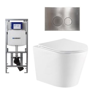 QeramiQ Dely Toiletset - 36.3x51.7cm - diepspoel - rimless - Geberit UP320 inbouwreservoir - met Burda frame - softclose toiletzitting - steel bedieningsplaat - ronde knoppen - wit mat SW1000766/0701131/SW706194/SW1026254