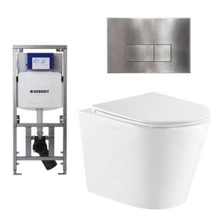 QeramiQ Dely Toiletset - 36.3x51.7cm - diepspoel - rimless - Geberit UP320 inbouwreservoir - met Burda frame - softclose toiletzitting - steel bedieningsplaat - rechtehoekige knoppen - wit mat SW1000766/0701131/SW706195/SW1026254