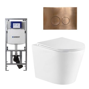 QeramiQ Dely Toiletset - 36.3x51.7cm - diepspoel - rimless - Geberit UP320 inbouwreservoir - met Burda frame - softclose toiletzitting - koperen bedieningsplaat - ronde knoppen - mat wit SW1000766/0701131/SW706196/SW1026254