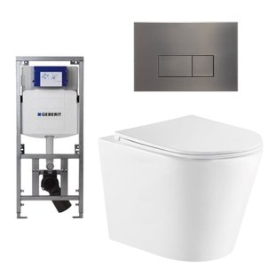 QeramiQ Dely Toiletset - 36.3x51.7cm - diepspoel - rimless - Geberit UP320 inbouwreservoir - met Burda frame - softclose toiletzitting - gunmetal bedieningsplaat - rechtehoekige knoppen - wit mat SW1026254/0701131/SW706199/SW1000766