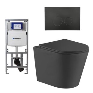 QeramiQ Dely Toiletset - 36.3x51.7cm - diepspoel - rimless - Geberit UP320 inbouwreservoir - met Burda frame - softclose toiletzitting - mat zwarte bedieningsplaat - ronde knoppen - zwart mat SW1026253/0701131/SW706188/SW1000768