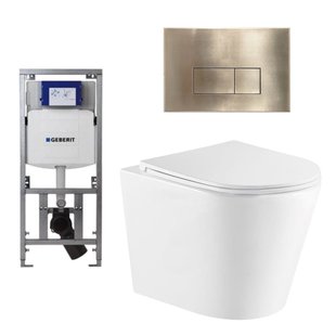 QeramiQ Dely Toiletset - 36.3x51.7cm - diepspoel - rimless - Geberit UP320 inbouwreservoir - met Burda frame - softclose toiletzitting - geborsteld messing bedieningsplaat - rechtehoekige knoppen - wit glans SW1026255/0701131/SW706201/SW1159504