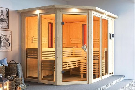 Karibu | Ava Sauna met Dakkraag | Kachel 9 kW Externe Bediening