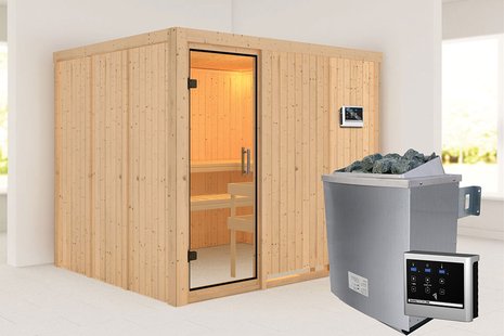 Karibu | Gobin Sauna | Helderglas Deur | Kachel 9 kW Externe Bediening Karibu | Gobin Sauna | Helderglas Deur | Kachel 9 kW Externe Bediening