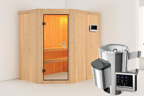 Karibu | Sauna Saja | Bronzeglas Deur | Biokachel 3,6 kW Externe Bediening