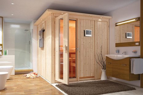 Karibu | Rodin Sauna met Dakkraag | Energiesparende Deur | Biokachel 9 kW Externe Bediening