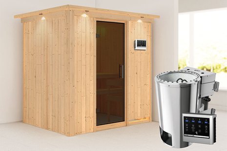 Karibu | Fanja Sauna met Dakkraag | Antracietglas | Biokachel 3,6 kW Externe Bediening