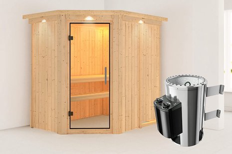 Karibu | Saja Sauna met Dakkraag | Helderglas Deur | Kachel 3,6 kW Geïntegreerde Bediening