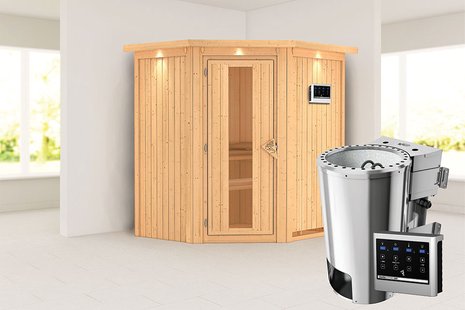 Karibu | Tonja Sauna met Dakkraag | Energiesparende Deur | Biokachel 3,6 kW Externe Bediening