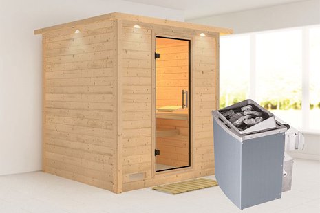 Karibu | Mojave Sauna met Dakkraag | Helderglas Deur | Kachel 9 kW Geïntegreerde Bediening Karibu | Mojave Sauna met Dakkraag | Helderglas Deur | Kachel 9 kW Geïntegreerde Bediening