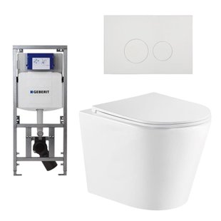 QeramiQ Dely Toiletset - 36.3x51.7cm - diepspoel - rimless - Geberit UP320 inbouwreservoir - met Burda frame - softclose toiletzitting - mat witte bedieningsplaat - ronde knoppen - mat wit SW1000766/0701131/SW706190/SW1026254