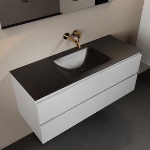 MONDIAZ AIVY 120cm badmeubel Talc, wastafel Urban solid surface midden zonder kraangat (AI-351621URBAN-NO - AI-M120TAMI)