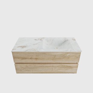 MONDIAZ VICA-DLUX 110cm badmeubel onderkast Washed Oak 2 lades. Inbouw wastafel CLOUD rechts zonder kraangat, kleur Frappe.