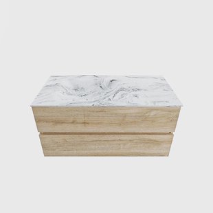 MONDIAZ VICA-DLUX 100cm badmeubel onderkast Washed Oak 2 lades. Inbouw wastafel CLOUD links zonder kraangat, kleur Glace.