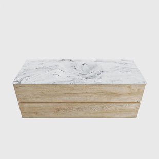 MONDIAZ VICA-DLUX 130cm badmeubel onderkast Washed Oak 2 lades. Inbouw wastafel CLOUD midden 1 kraangat, kleur Glace.