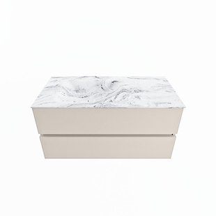 MONDIAZ VICA-DLUX 100cm badmeubel onderkast Linen 2 lades. Inbouw wastafel CLOUD links 1 kraangat, kleur Glace.