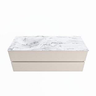MONDIAZ VICA-DLUX 130cm badmeubel onderkast Linen 2 lades. Inbouw wastafel CLOUD links zonder kraangat, kleur Glace.