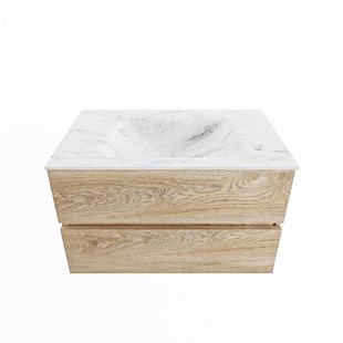 MONDIAZ VICA-DLUX 80cm badmeubel onderkast Washed Oak 2 lades. Inbouw wastafel CLOUD midden zonder kraangat, kleur Opalo.