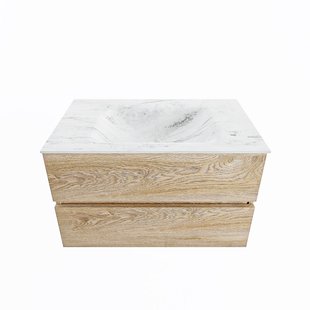 MONDIAZ VICA-DLUX 80cm badmeubel onderkast Washed Oak 2 lades. Inbouw wastafel CLOUD midden 1 kraangat, kleur Opalo.