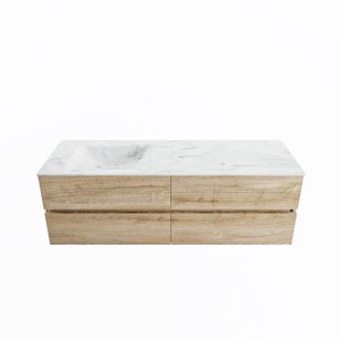 MONDIAZ VICA-DLUX 150cm badmeubel onderkast Washed Oak 4 lades. Inbouw wastafel CLOUD links zonder kraangat, kleur Opalo.